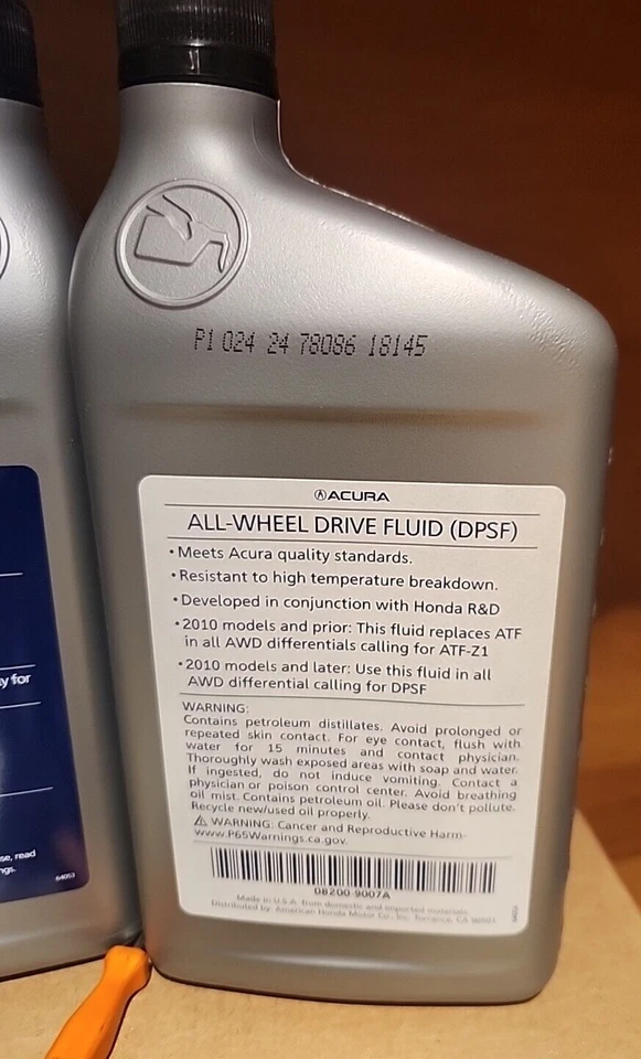 Líquido AWD Acura OEM 3 QTS con arandelas DPSF 08200-9007A MDX RDX TL HONDA BOMBA DUAL Foto 2 de 3