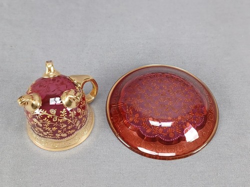 Bohemian Moser Type Raised Gold Floral Scrollwork Cranberry Footed Cup & Saucer - Picture 9 of 10