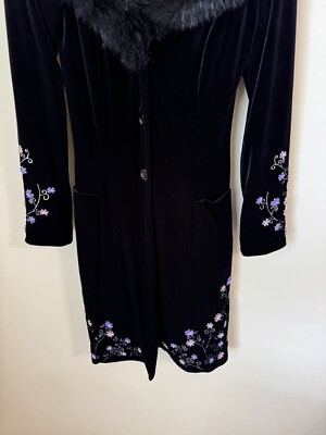 Betsey Johnson Floral Velvet Duster Coat Jacket Fur Trim Black