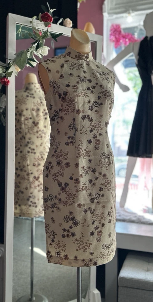 Mini Vestido Cheongsam Vintage Años 50 60 Marrón Tostado Sin Mangas Hecho a Mano S/M Foto 4 de 4