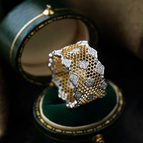 Unique Honeycomb Band Silk Texture Natural Diamond Women Ring 14K 2-Tone Gold - Picture 2 of 6