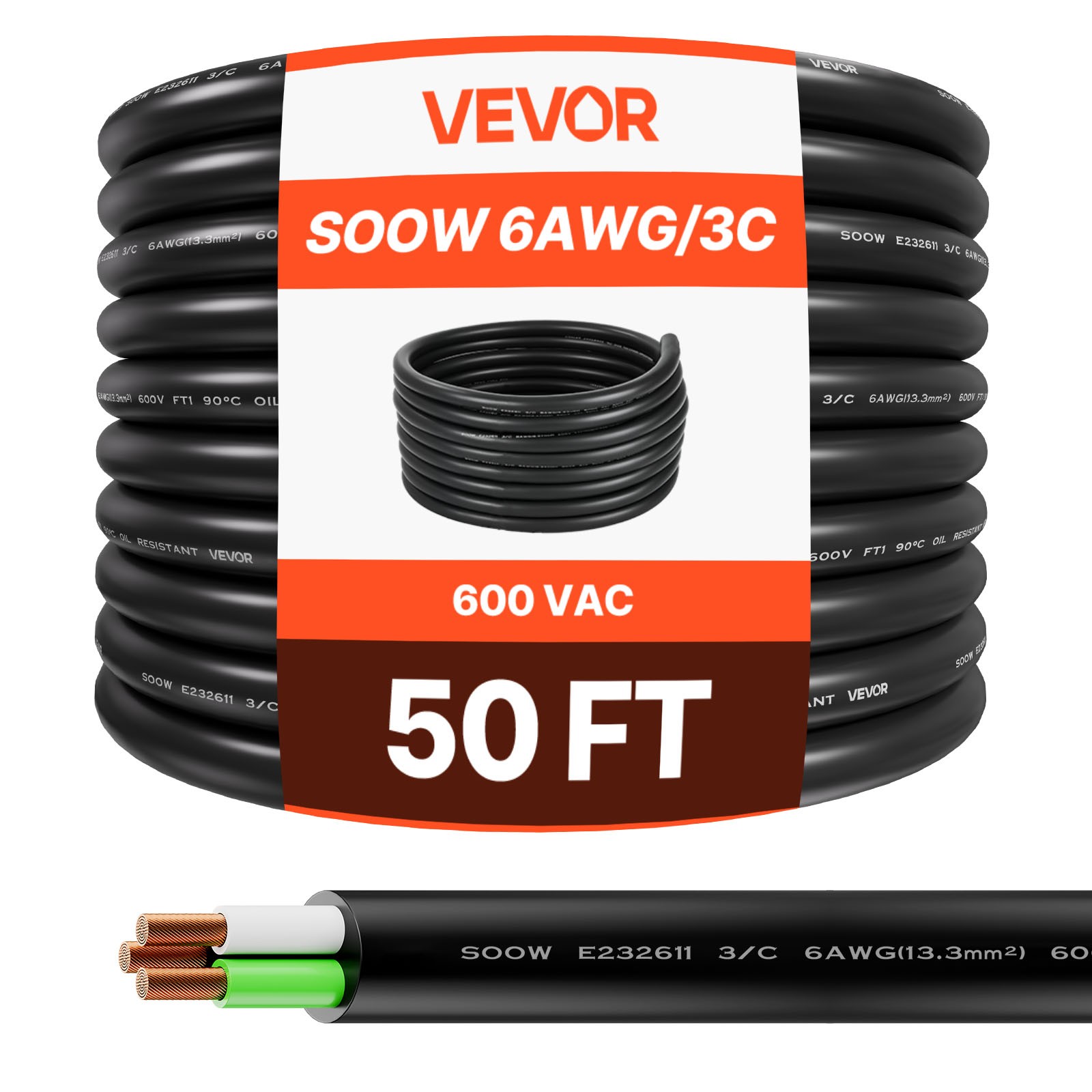 VEVOR Cavo di Prolunga per Cavo Elettrico Alimentazione 15,24 m 6AWG Filo Rame