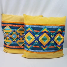 Vintage Handmade Mexico 2 Throw Pillows w/ Pillow Inserts Colorful 16x17 Inch