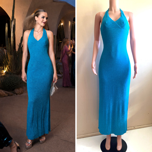 Vintage 70s Jody Maxi Gown 5 6 S Stretch Poly Sleeveless Halter Sparkle Disco - Picture 1 of 20