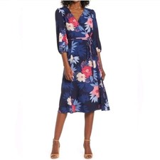 Eliza J Navy Floral Faux Wrap Dress Size 12 Midi 3/4 Sleeve Belted Lined Feminin