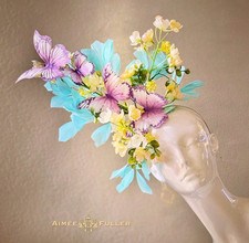 Kentucky Derby Hat Fascinator Aqua Blue Yellow Ascot Purple Lavender Butterfly