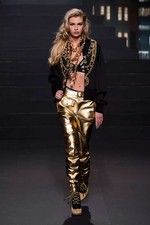 Moschino Womens H MOSCHINO TV Leather Pants Gold Trousers Size 40 US 8 UK 8