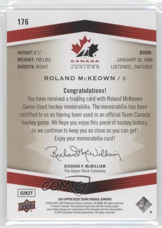 2014 Upper Deck Team Canada Juniors Jerseys Gold /14 Roland McKeown #176 - Image 2 of 2