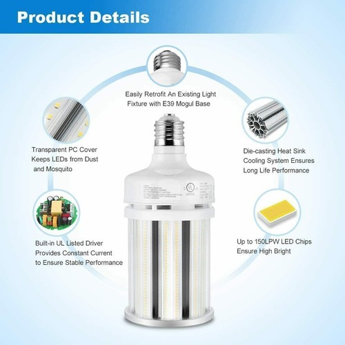 100W LED Corn Light Bulb E39 Mogul Base Replace 400W MH/HPS Warehouse Lamp 5000K - Picture 7 of 12