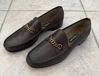 TOM FORD Brown Calf Leather Chain Bit Loafers US 13D UK 12