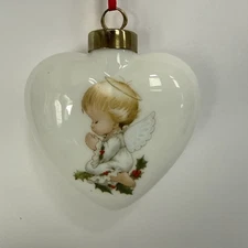Vtg Christmas Ornament Angel Praying  Heart Shaped White Porcelain 3.5”