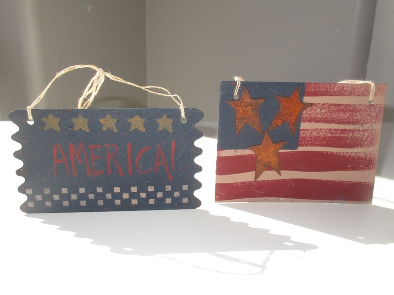 Lot of 2 Rustic Metal American Flag Patriotic Xmas Ornaments Primitive Farmhouse