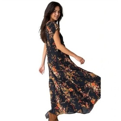 Natural Life Berkley Maxi Dress Black/Multi Floral Tiered Boho Prairie, Sz XL