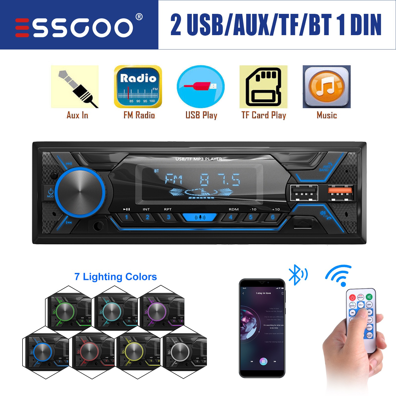Autoradio 1 Din Bluetooth RADIO USB FM SD AUX-IN Auto Lettore MP3 Telecomando
