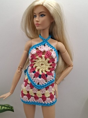   Strick Häkelset Top und Rock mehrfarbig für Barbie Größe Puppen, Handarbeit 