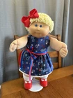1980s Cabbage Patch Kid Lemon Blonde Hair Blue Eyes Patriotic Star Dress Cute