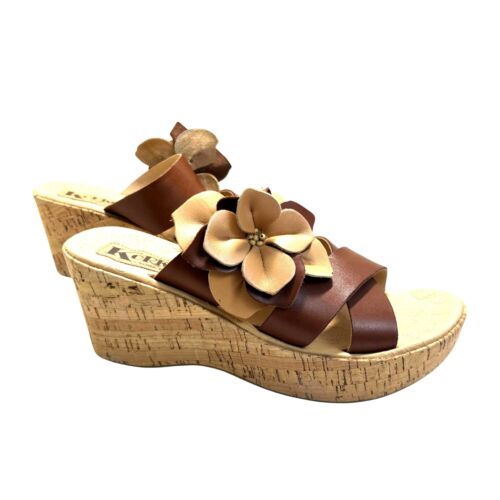Korks 9 Rhea Brown Leather Wedge Sandals Flower Accent Slip-On Style Cork Sole