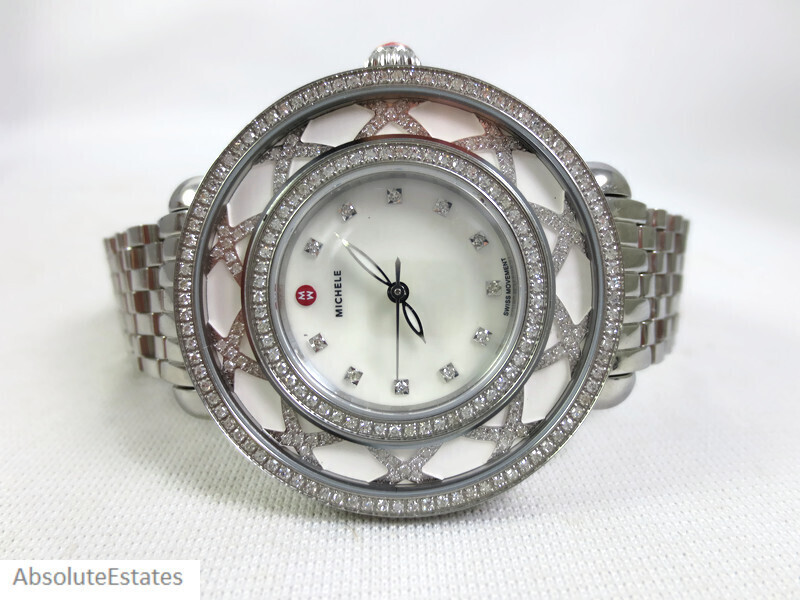 Montre Femme Michele Cloette Occasion - Cadran Blanc, Bracelet Cuir Et Acier Diamants