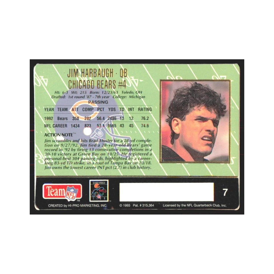 1993 Action Packed Jim Harbaugh Bears #7 - Image 2 of 3