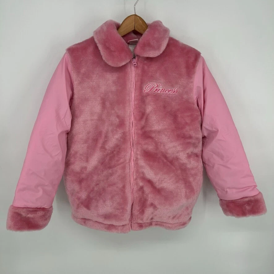 Disney Jacket Girls 10/12 Pink Faux Fur Full Zip Collared Printed Outdoor Winter - Image 2 of 4