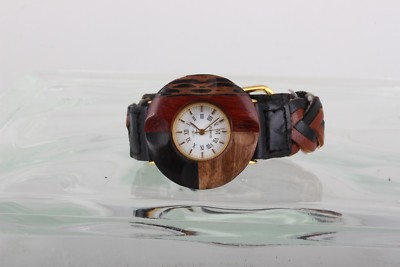 TEMPIC EN VOGUE BLACK/ BROWN WOOD BEZEL BRAIDED BAND WATCH  6417B NEW BATTERY
