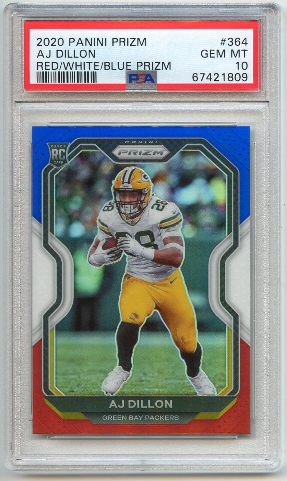 AJ Dillon rookie 2020 Panini Prizm #364 Red/White/Blue Prizm PSA 10 GEM MINT