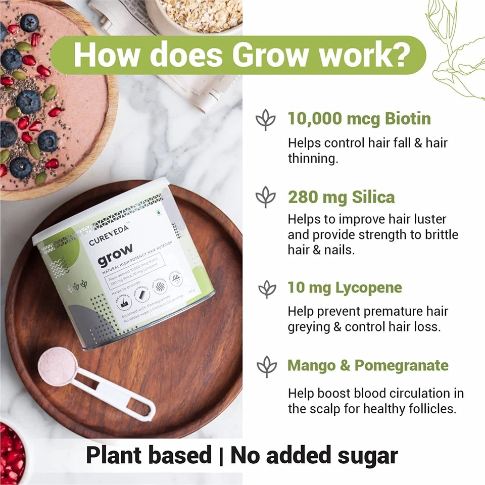 Cureveda GROW Plant Based Biotin 10000mcg powder (30 servings) - Image 4 of 4