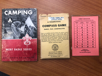 Vintage BSA Boy Scouts Competitive Compass Game #1133 & Camping Merit Badge Book