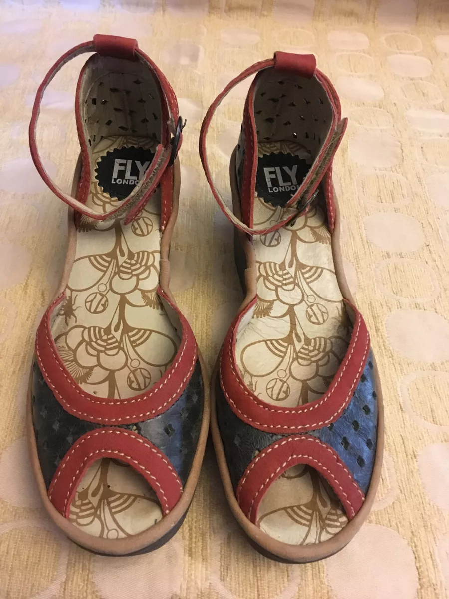 NAVY AND RED PEEP TOE Perforated Sandals FLY LONDON Size 37