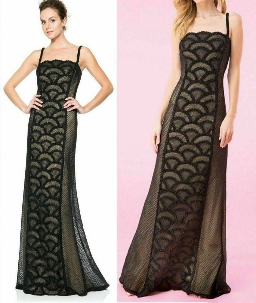 Tadashi Shoji Scalloped Rosette Corded Tulle Lace Black Nude Dress Gown