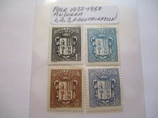Four 1932-1950 Andorra Postage Stamps - 1, 2, 3, 10 Denomination