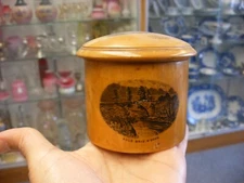 Antique Vtg Sewing Notions - Mauchline Ware Treen Round Box with Scotland Theme