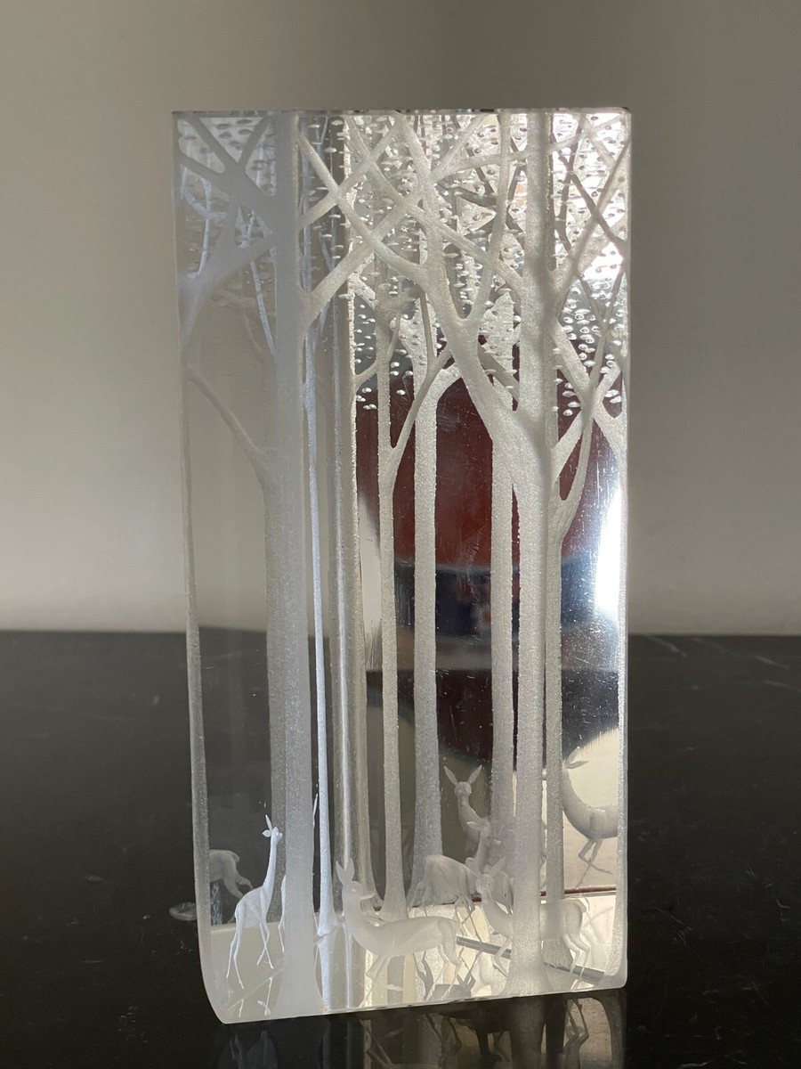 Kosta Boda Triangular Crystal Prism Winter Scene Sculpture by