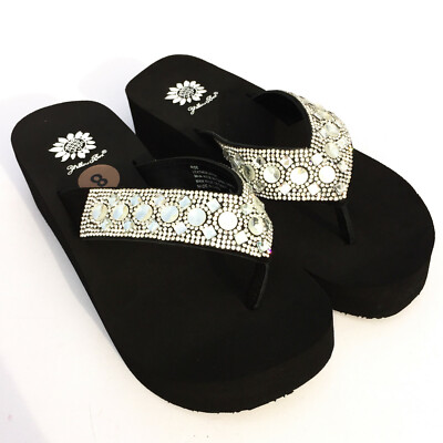 Yellow Box Rise Flip Flops Multi Stone Jeweled Rhinestone Sparkle Wedge  Sandals | eBay
