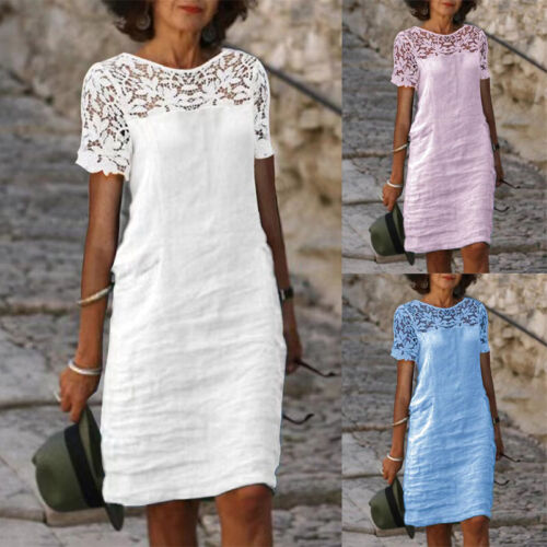 Womens Lace Linen Cotton%Casual Holiday Midi Short Sleeve Kaftan Dress PLUS SIZE - Picture 1 of 21