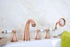 Antique Red Copper 5 Hole Deck Mount Bathroom Roman Tub Faucet W/Hand Shower Set