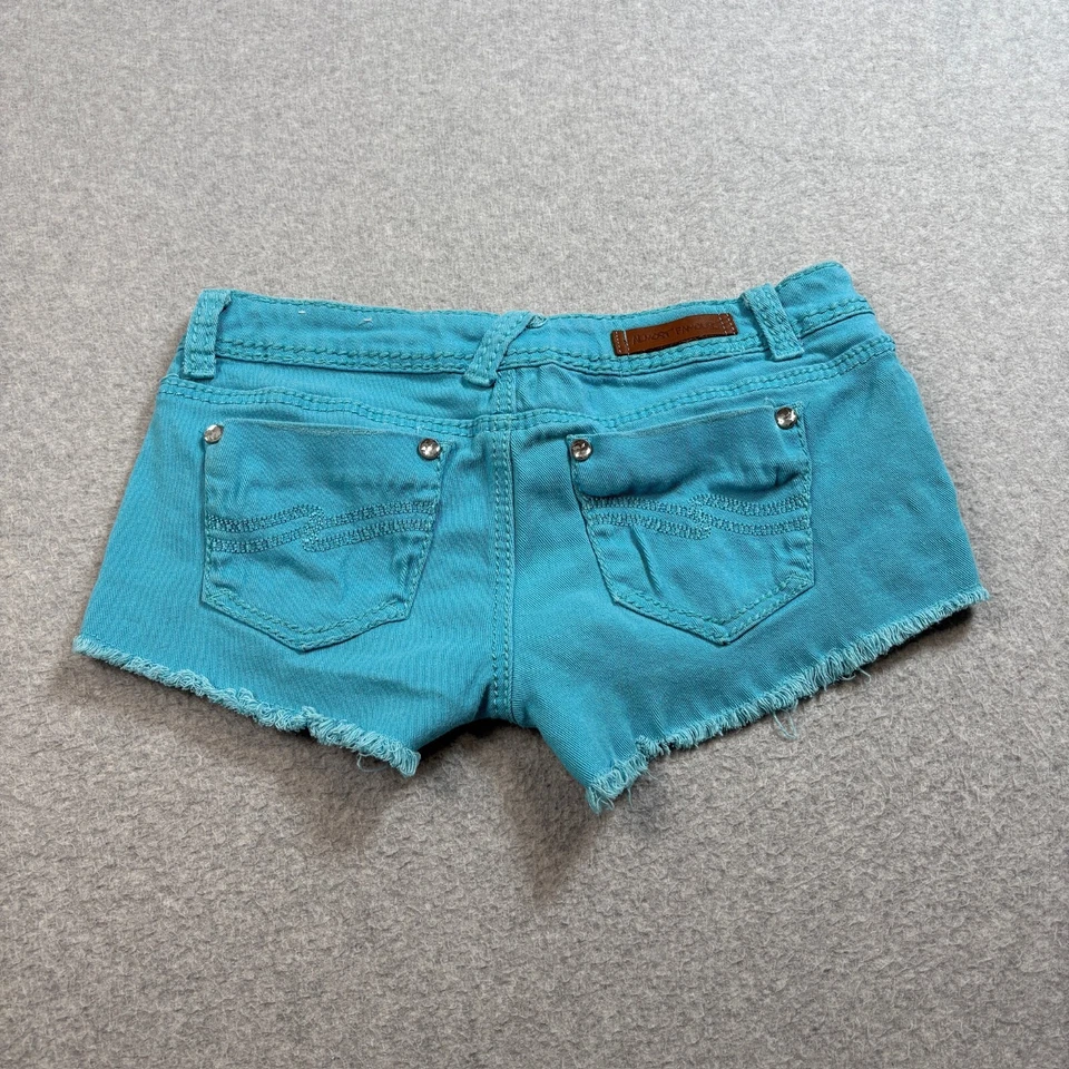 Pantalones Cortos de Jean Almost Famous Mujer 9 Azul Teal Denim Dobladillo Crudo Tiro Bajo Botín Y2K Foto 2 de 4