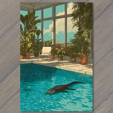 POSTCARD Alligator Swimming Indoor Pool Tropical Plants Sunlight Retro Surreal