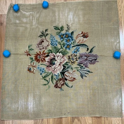 Vintage bedruckte Nadelspitze Leinwand Blumenstrauß Rose Iris 30x30 - Bild 1 von 4