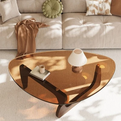 Couchtisch Rund Glas Wohnzimmertisch Kaffeetisch Sofatisch Holz Beine Glasplatte - Bild 1 von 4