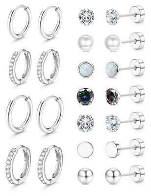 Jstyle Hypoallergenic Silver Stud Hoop Earrings for 6mm x 5mm, Tone 