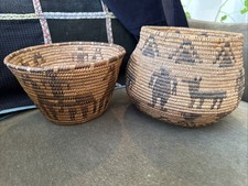 2 Old Pima Or Apache Native American Indian Basket Bowls With Figural Designs