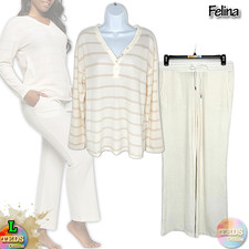 NWT Felina Women's L Jolie 2-Piece Henley  Lounge Pant Set 900827 Whisper White
