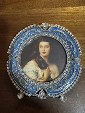 VTG Blue Mini Picture Frame with Clear Rhinestones with A Silver Tone Trim