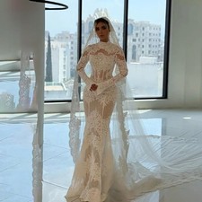 Lace High Collar Wedding Dress Long Sleeve A-line Appliques Mermaid Bride Gown