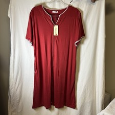 Ekouaer Red Short-Sleeve Loungewear Nightgown w/ Zipper Front And White Trim Sm
