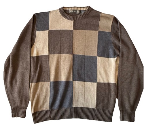 Oscar de la Renta, Maglione Vintage Oscar De La Renta Cotone Acrilico Uomo XL Marrone Maglia Scacchiera