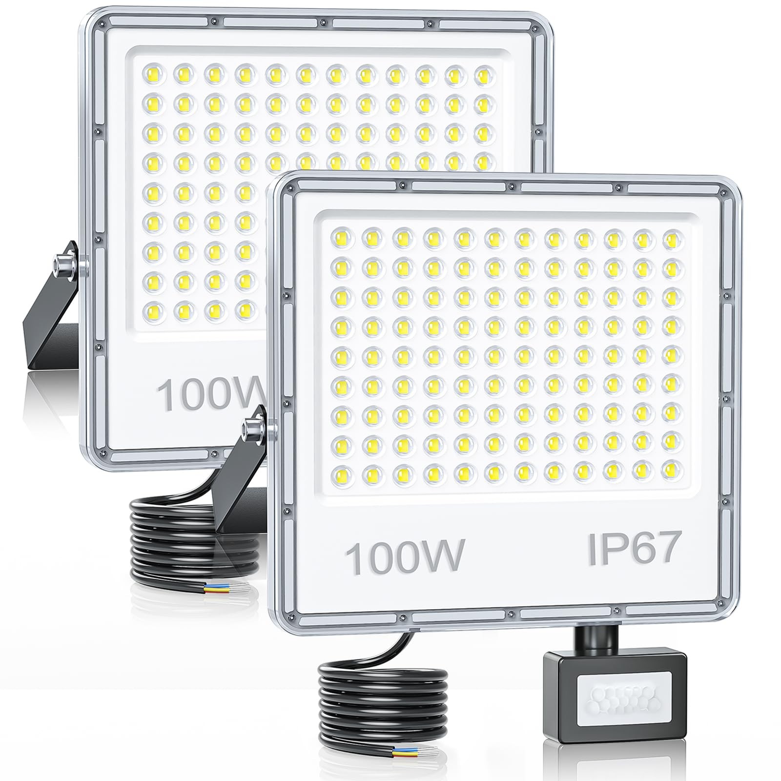 Faro Faretto LED da Esterno con Sensore di Movimento 100W 10000LM 2 Pezzi IP67