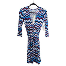 Leota Faux Wrap Dress Women's Petite Medium Blue Knit Geometric Preppy Stretch