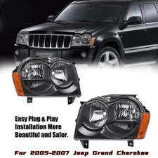 For 2005-2007 Jeep Grand Cherokee Headlight Assembly Left+Right Halogen Black